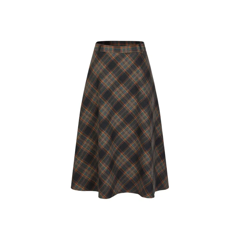 JZ. ANNAKRO Casual Long Skirts Women's Plaid Yellow Green-0