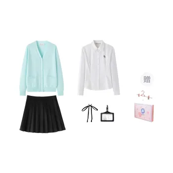 Tokyo Season Uniforms Women's Aqua Blue Sweater+Black Pleated Skirt, Comes With Free Shirt+Collar Strap+Name Tag