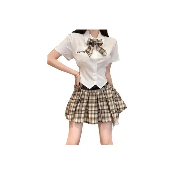 Garbege Uniform Women's White Shirt Bow Tie With Brown Pleated Skirt Set