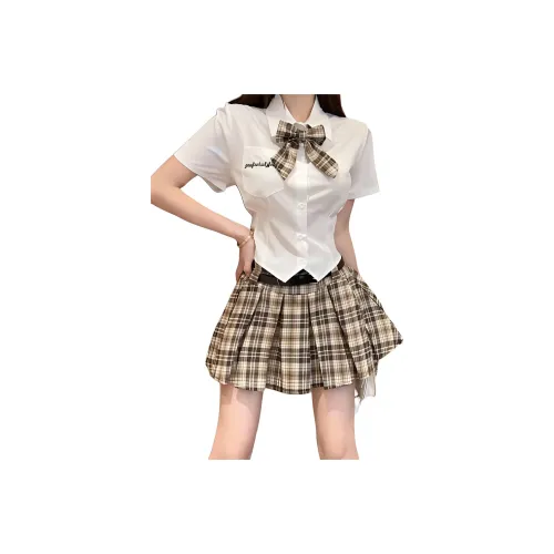 Garbege Uniform Women's White Shirt Bow Tie With Brown Pleated Skirt Set