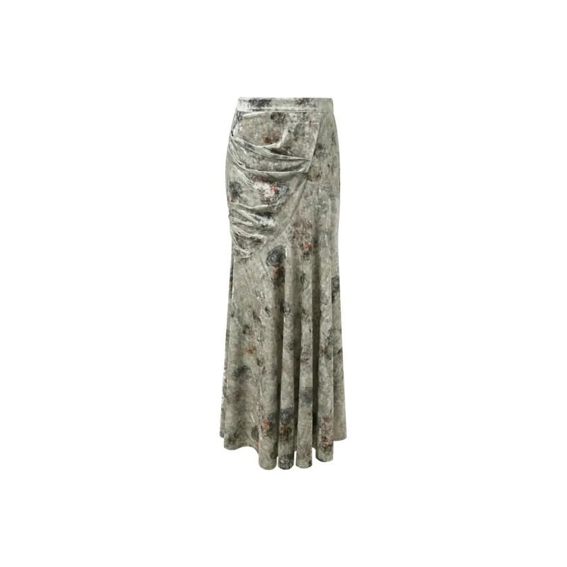 3COLOUR Casual Long Skirt Women's Green Beige Floral-0