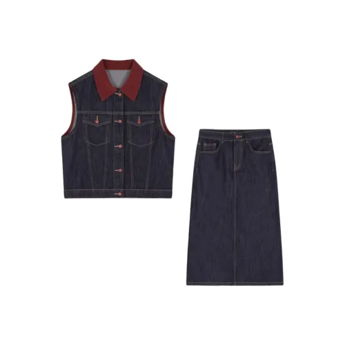Mo Han Yi Mei Skirt Set Women's Dark Denim Blue Color
