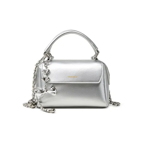 Teenmix Cow Leather Shoulder Bag Pillow Bag Crossbody Bag Handbag Small Size Women's Silver/Black/Ecru