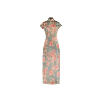 YICHENGFENGXU Cheongsam Women's Gray Green With Red Floral Accents Silk