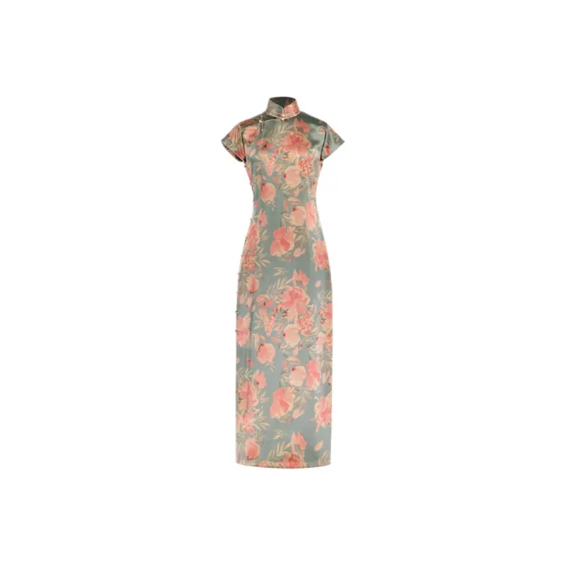YICHENGFENGXU Cheongsam Women's Gray Green With Red Floral Accents Silk-0