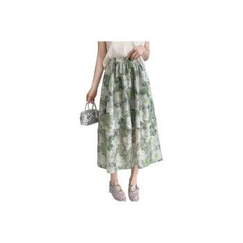 Yi Mengyuan Casual Long Skirt Women's Green Floral