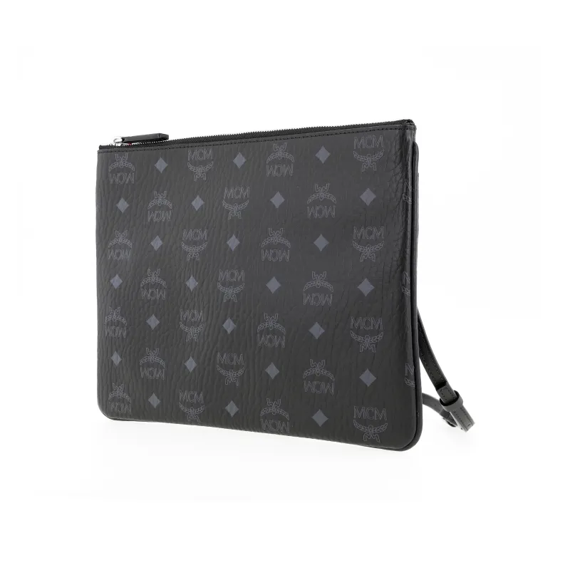 MCM Visetos Leather One Shoulder Crossbody Clutches Unisex Black-1