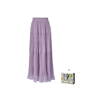 OURUOKE Casual Long Skirts Women's Purple Pleated Skirt