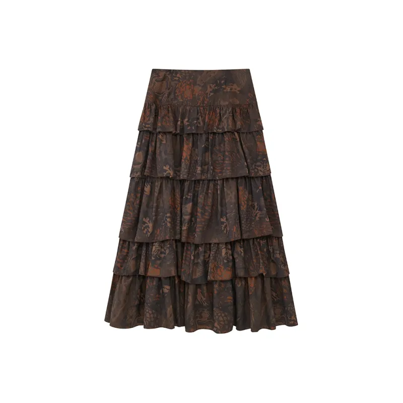 WULISHAONIAN Casual Long Skirts Women's Floral Brown-0