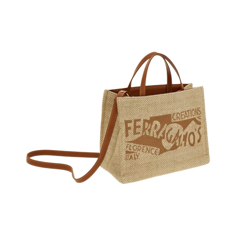 FERRAGAMO Fabric With Calfskin Tote Bag, Shopping Bag, Shoulder Bag, Handbag Medium Size Women's Camel & White-1