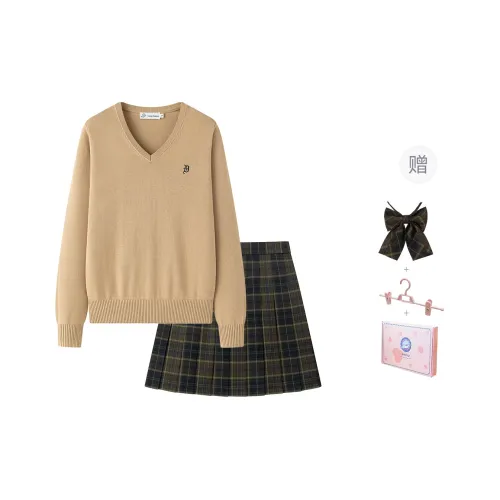 Tokyo Season Uniforms Women's Brown Sweater+Yellow And Black Plaid Skirt, Comes With Free Boxer Shorts