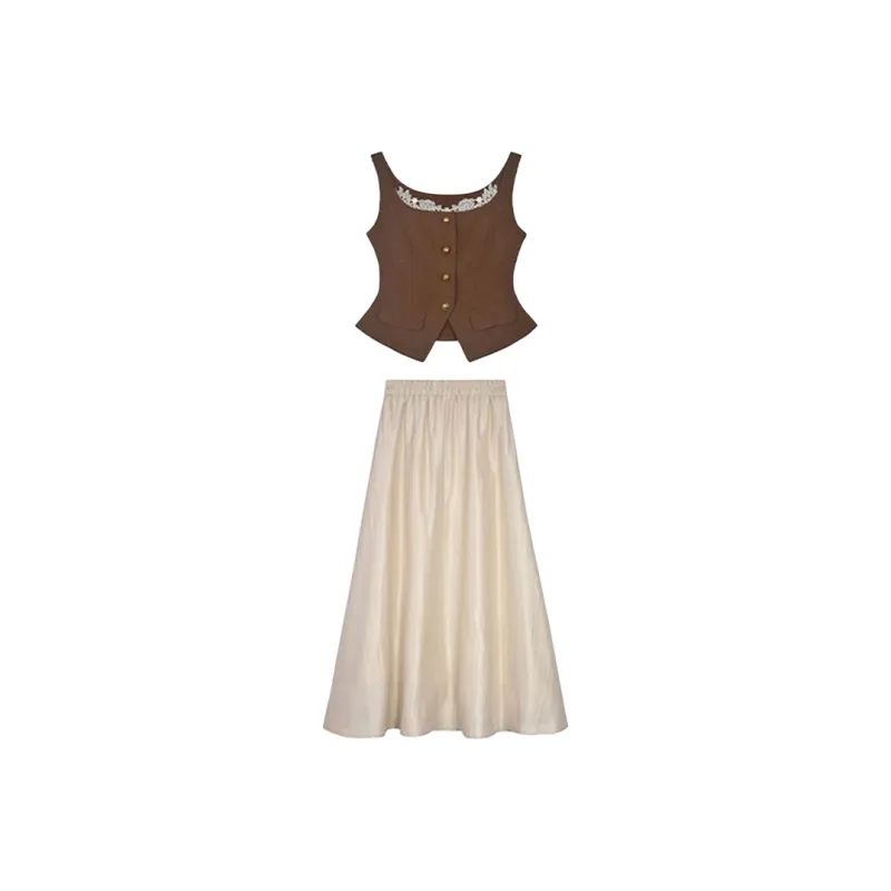 AFGGD Two Piece Skirt Sets Women's Coffee+Khaki-0