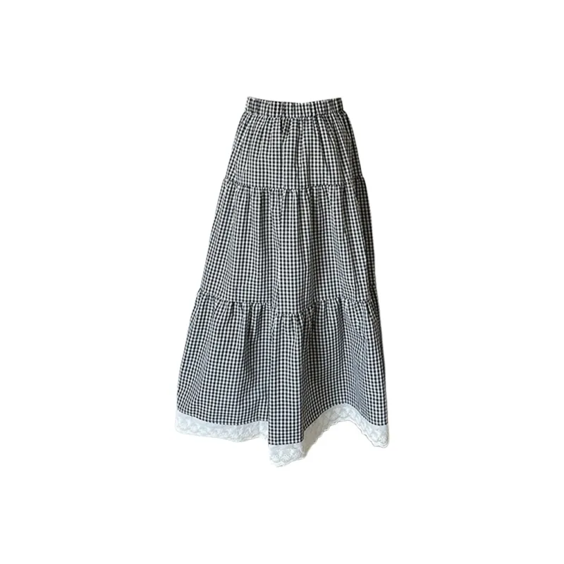 TORIGHT Casual Long Skirts Women's Gray Plaid-0