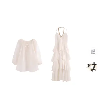 TURN UP Skirt Set Women's Beige Two Piece Set Belt+Bowknot Hair Tie Comes With