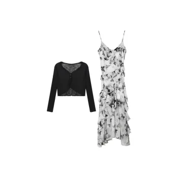 ABCMININ Skirt Set Women's Black Cardigan With Floral Pattern Dress