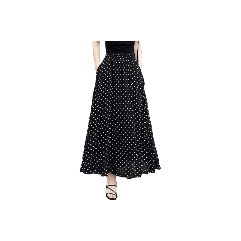 TOUCH Casual Long Skirts Women's Black Background With Polka Dots-0