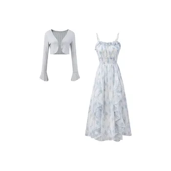 ACAINES Skirt Set Women's Blue Floral Two Piece Set