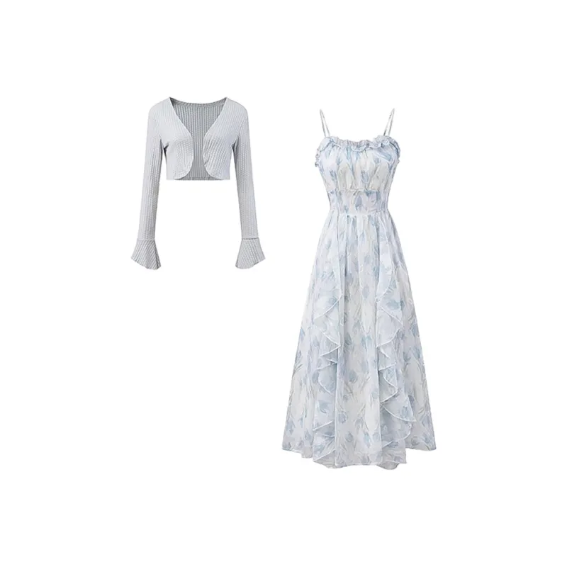 ACAINES Skirt Set Women's Blue Floral Two Piece Set-0