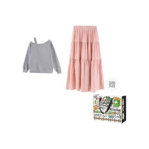 DEDY Skirt Set Women's Gray Top/Pink Skirt
