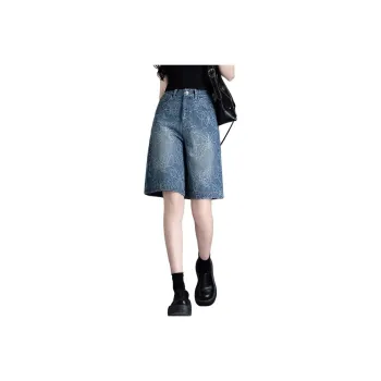 You Cow Me Pants Denim Shorts Women's Deep Sea Blue Jacquard