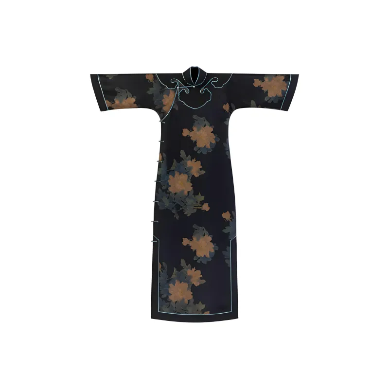 YICHENGFENGXU Cheongsam Women's Black With Blue Floral-0