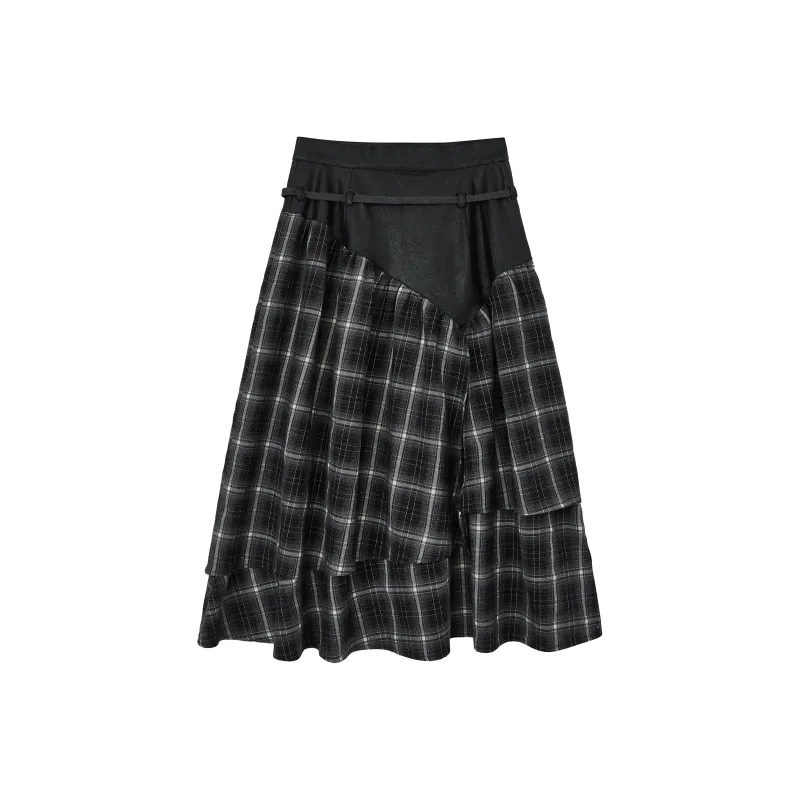 WULISHAONIAN Patchwork Plaid Asymmetrical Drawstring Versatile Playful Half Length Long Skirt Women's-2