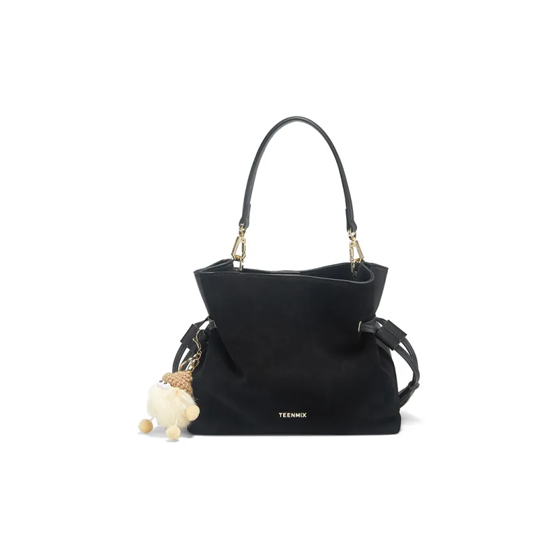 Teenmix Cowhide Split Leather Bucket Bag, Crossbody Bag, Shoulder Bag Medium Size Women's Brown/Black-7
