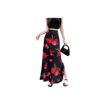 Wbwq Casual Long Skirts Women's Black Base Red Floral