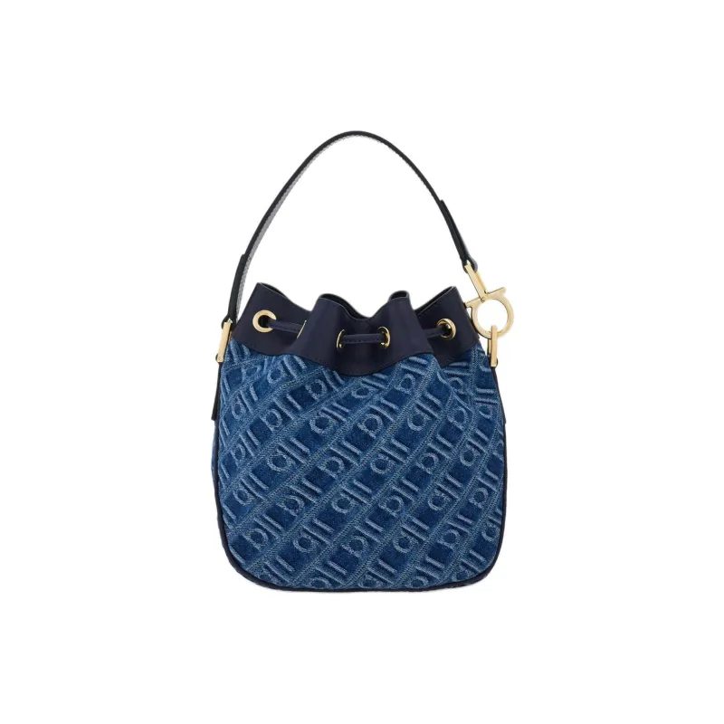 FERRAGAMO Fabric With Calfskin Bucket Bag, One Shoulder Handbag Women's Denim Blue-3