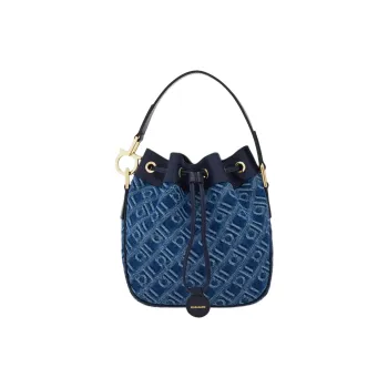 FERRAGAMO Fabric With Calfskin Bucket Bag, One Shoulder Handbag Women's Denim Blue