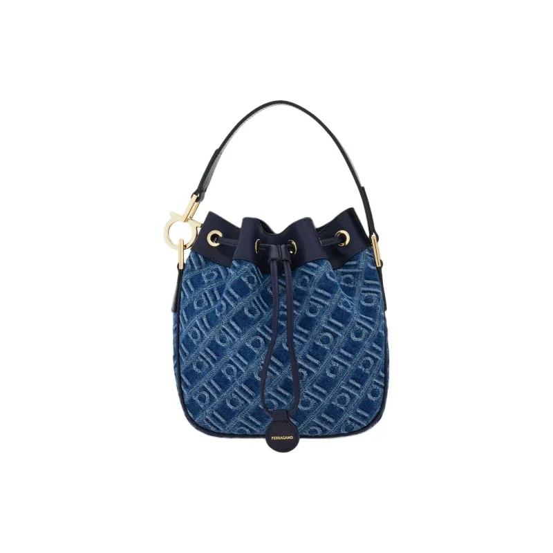FERRAGAMO Fabric With Calfskin Bucket Bag, One Shoulder Handbag Women's Denim Blue-0