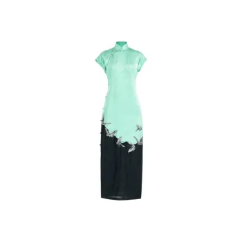 YICHENGFENGXU Cheongsam Women's Green Hem Embroidery & Black Floral Motif