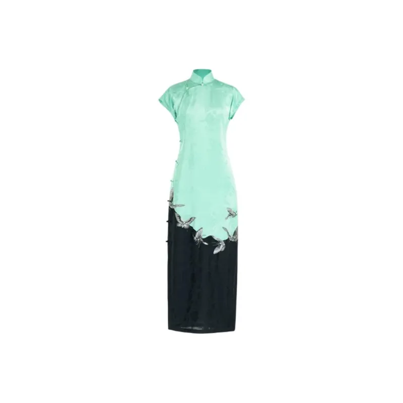 YICHENGFENGXU Cheongsam Women's Green Hem Embroidery & Black Floral Motif-0