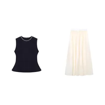 Mlpstudio Two Piece Skirt Sets Women's Black Top+Apricot Skirt