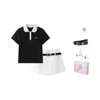 Tokyo Season Uniforms Women's Gift Box Set, Black Polo Shirt+White Pleated Short Skirt Pleated Shorts Comes With Belt+Hanger