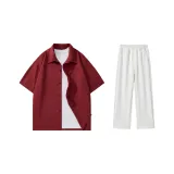 Clothing Set (Burgundy Short-Sleeved Shirt+White Heather Gray Casual Pants)