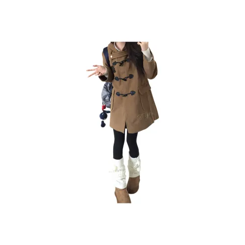 Tokyo Season Uniforms Women's Camel Coat Lining Padded+Black And White Plaid Skirt, Comes With Cardigan+Bow Tie+Badge