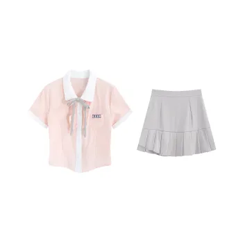 PZGE Uniform Women's Set Pink Shirt+Bow Tie+Gray Skirt