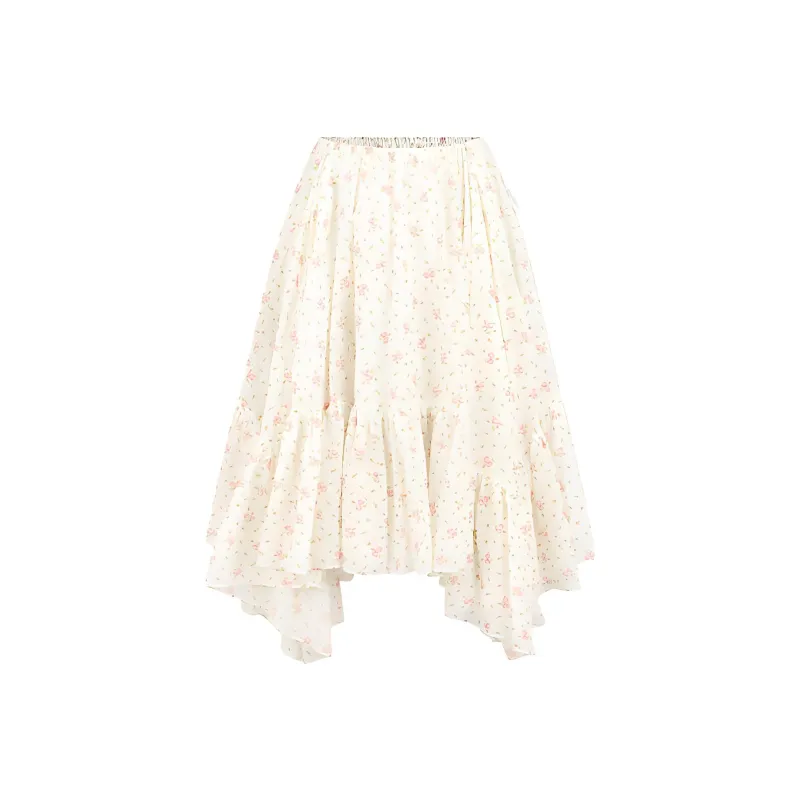 Selkie Collection SS25 Casual Long Skirts Women's White Base With Small Rose Floral Print-0