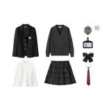 Black Suit+Black Plaid Skirt, Comes with Free Carbon Gray Cardigan+Shirt+Dust Bag+Small Item
