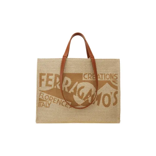 FERRAGAMO Fabric Tote Bag, Shopping Bag, Handbag Extra Large Women's Camel & White