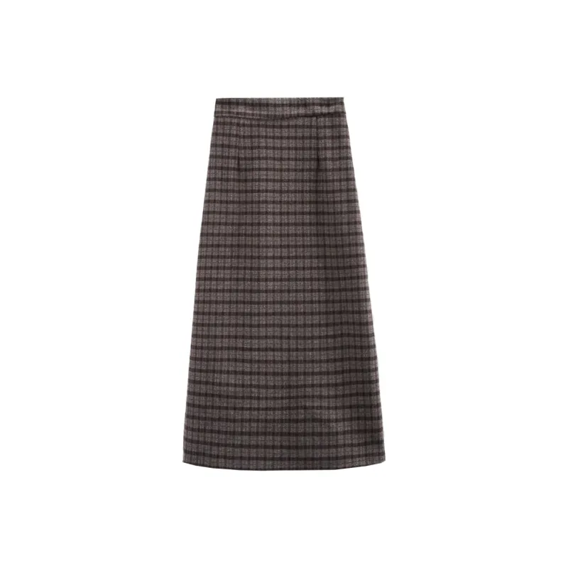 A Paradise For Awakening Casual Long Skirts Women's Coffee Plaid-0