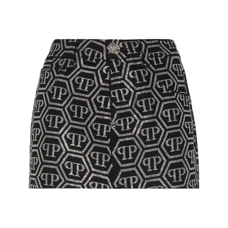 PHILIPP PLEIN Monogram Denim Skirt-0