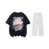 Clothing Set (Navy Blue T-Shirt+White Heather Gray Casual Pants)
