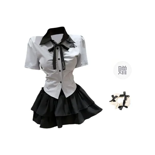 TORIGHT Two Piece Skirt Sets Women's Clothing Sets Shirt+Skirt+Bow Tie+Bowknot Hair Tie Includes