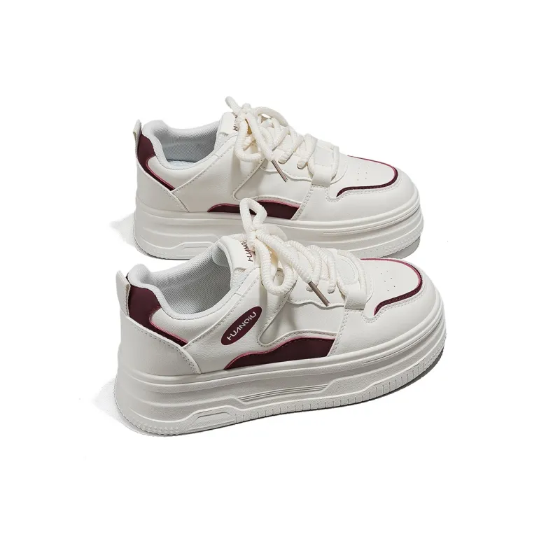 HUANQIU Slip Resistant, Lightweight, And Breathable Low Top Skateboard Shoes Women's Beige Burgundy-3