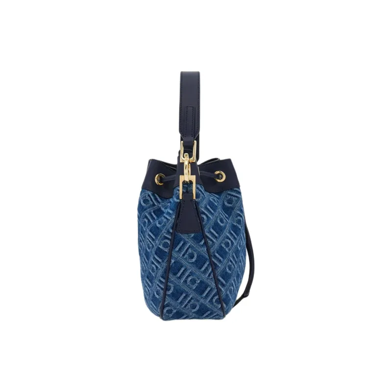 FERRAGAMO Fabric With Calfskin Bucket Bag, One Shoulder Handbag Women's Denim Blue-2