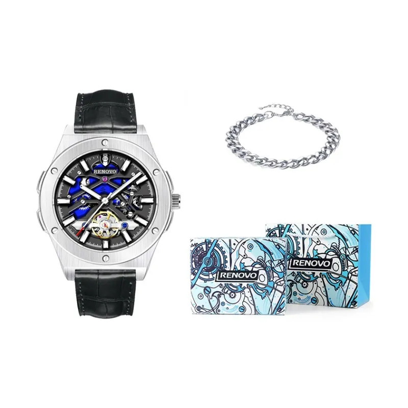 RENOVO Explorer Collection Automatic Mechanical Movement Genuine Leather Strap Watch Men's Watches Black Dial-6