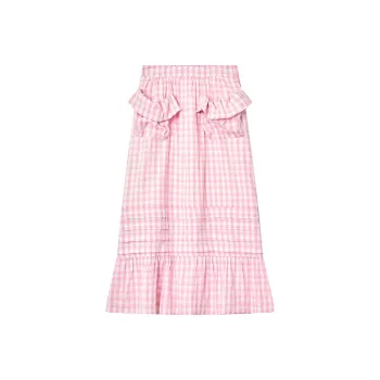 ELF SACK Casual Long Skirt Women's Pink White Plaid Pattern Color