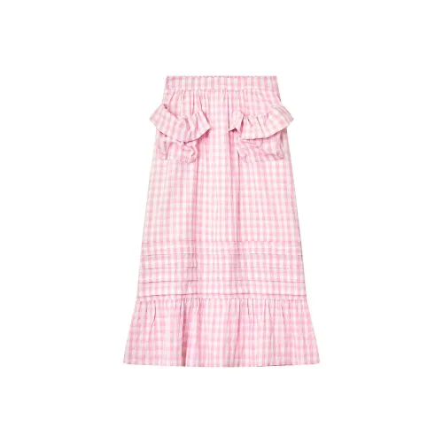 ELF SACK Casual Long Skirt Women's Pink White Plaid Pattern Color